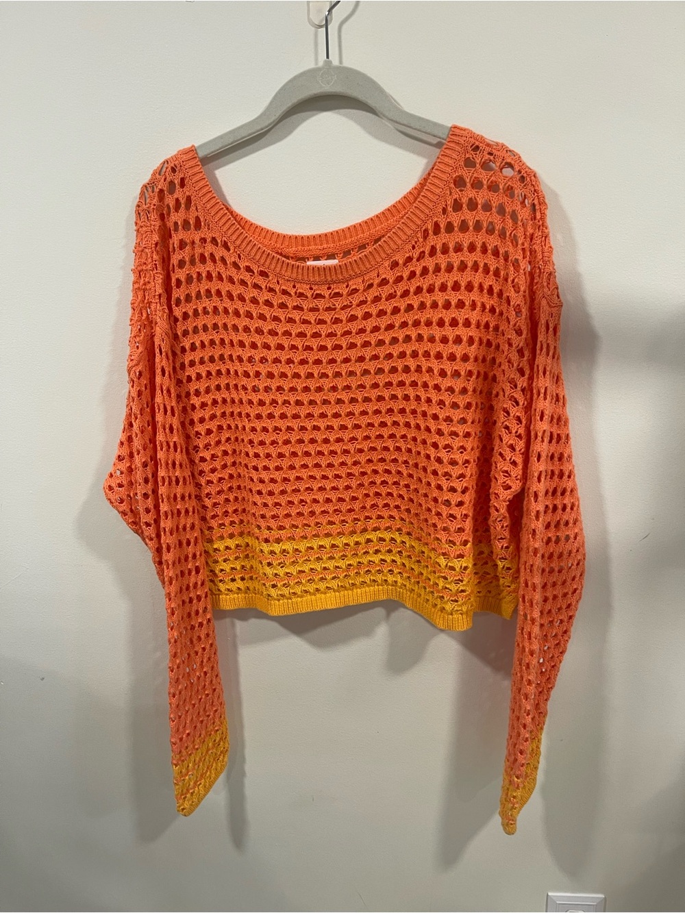 aerie Open-Knit Orange Sweater with Yellow Trim